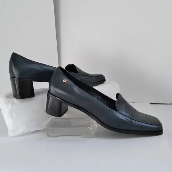 Stylish 90's Navy Leather 'Status' Slip On Square Toe Block Heel Shoes Sz 8.5 - Picture 10 of 10